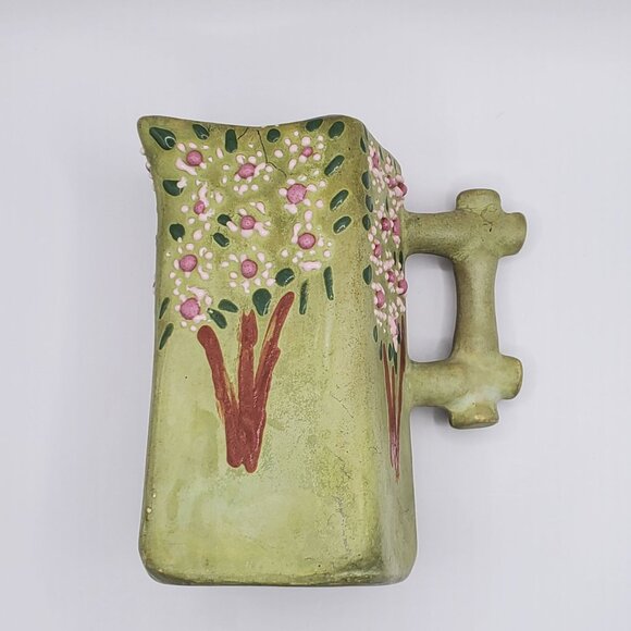 EHL 1960 Art Pottery Vase Planter Ceramic Vessel w/ Handle Green Floral Design - Picture 8 of 15